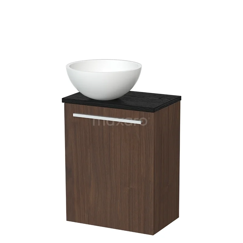 Toilet furniture with countertop wash basins TMK10-16958 Houten badkamerkast met donkere houtstructuur, zwarte bovenkant en witte waskom, ideaal voor moderne badkamerinrichting.
