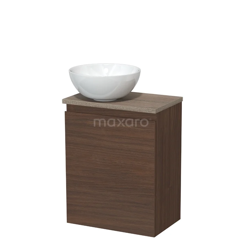 Toilet furniture with countertop wash basins TMK10-17005 Houten badkamerkast in walnoot met witte waskom, compact design, ideaal voor moderne badkamerinrichting.
