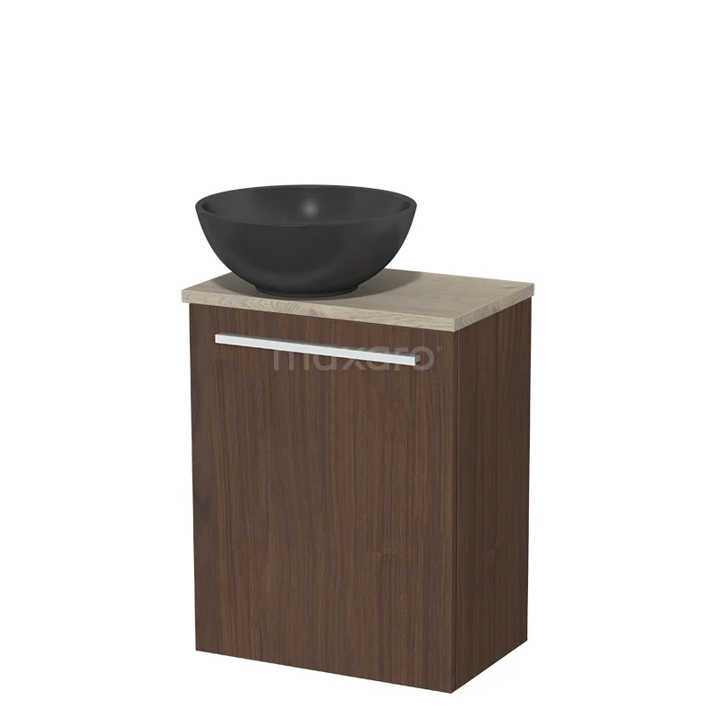 Modulo Pico Toiletmeubel met waskom | 41 cm Walnoot Vlak front Quartz waskom TMK10-17043 Wastafelmeubel houtlook met natuurstenen kom, modern badkamerdesign, voorzien van softclose-deur en strak metalen handgreep.