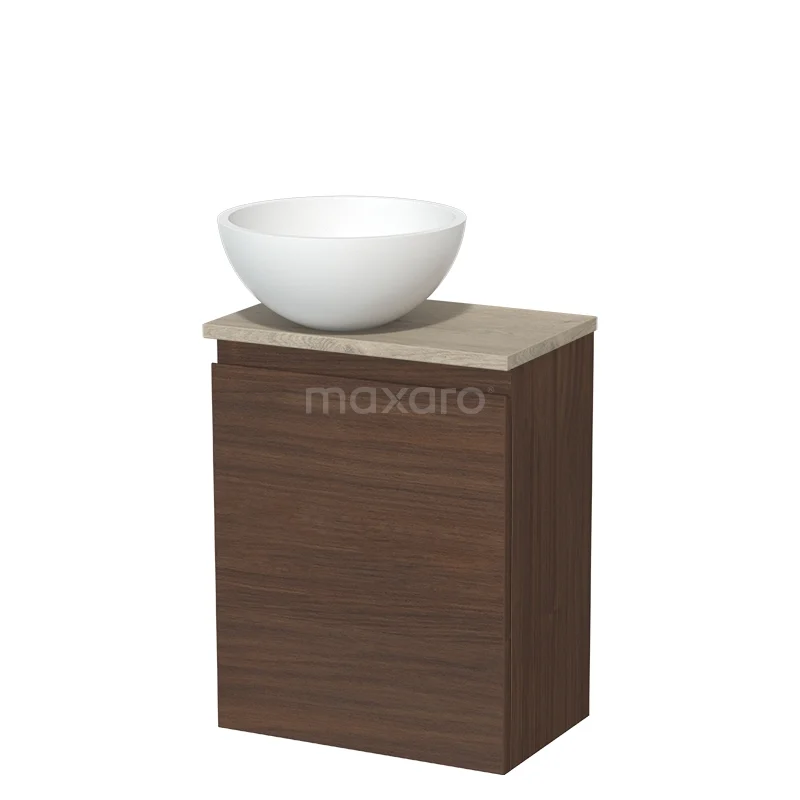 Toiletmeubel met waskom TMK10-17062 Badkamermeubel met houten onderkast, natuurstenen blad en witte opzetwaskom, modern design voor compacte badkamers.