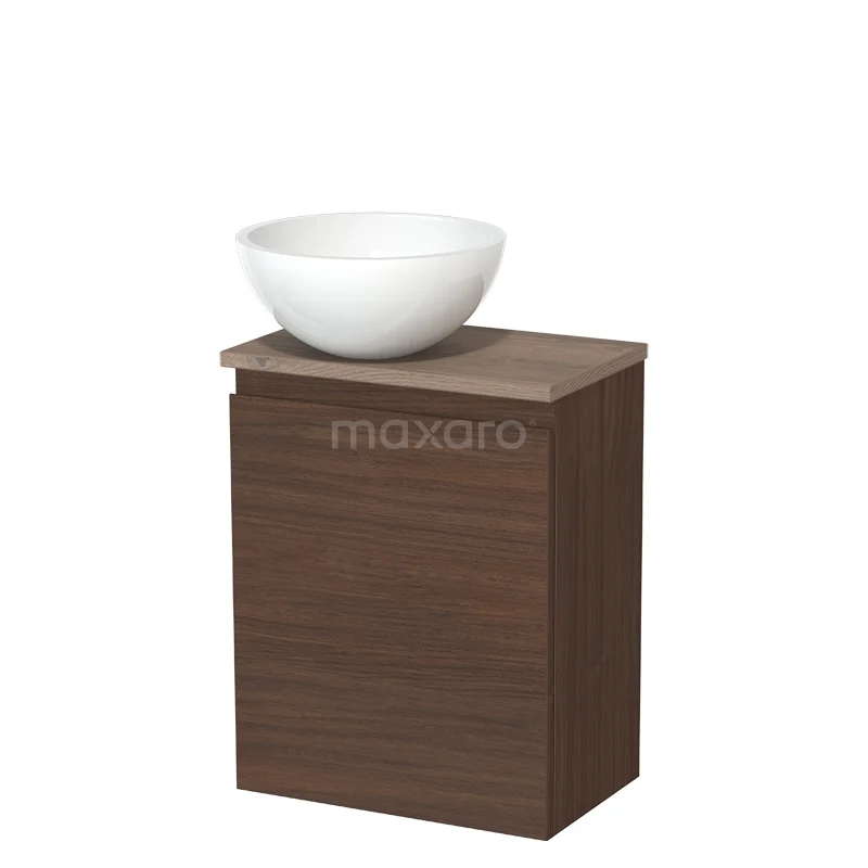 Modulo Pico Toiletmeubel met waskom | 41 cm Walnoot Greeploos front Mineraalmarmer waskom TMK10-17139 Houten badkamermeubel met warm eikenlook, inclusief witte opzetwaskom, ideaal voor een stijlvolle en compacte badkamer.