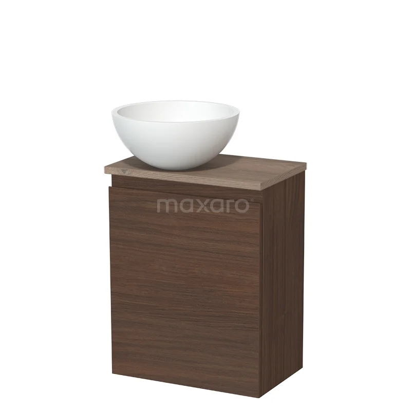 Modulo Pico Toiletmeubel met waskom | 41 cm Walnoot Greeploos front Solid surface waskom TMK10-17140 Houten badkamermeubel met donkerbruin fineer, uitgerust met een witte keramische waskom voor een moderne badkamerstijl.