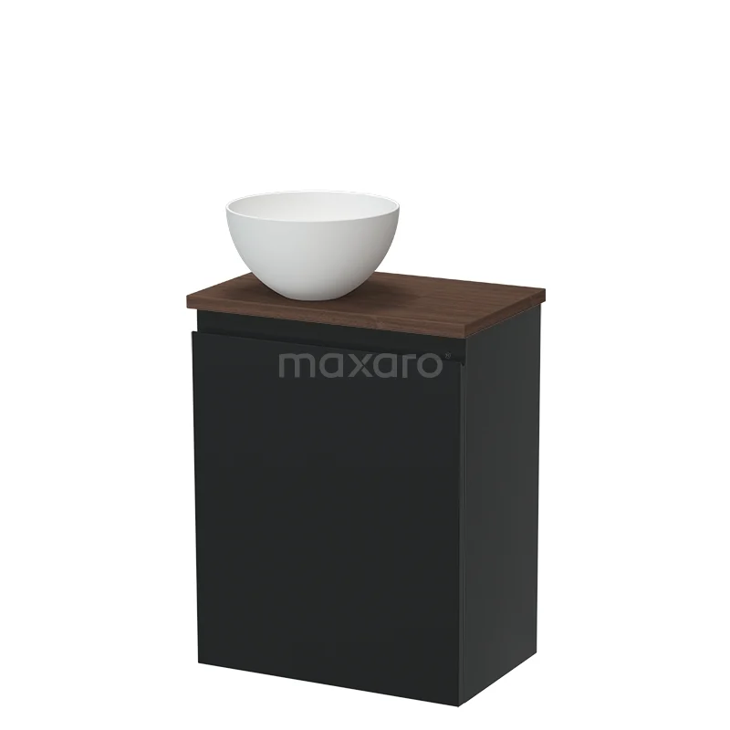 Modulo Pico Toiletmeubel met waskom | 41 cm Mat zwart Greeploos front Solid surface waskom TMK10-17284 Zwarte badkamerkast met houten blad en ronde witte waskom, modern ontwerp voor stijlvolle badkamerruimtes.