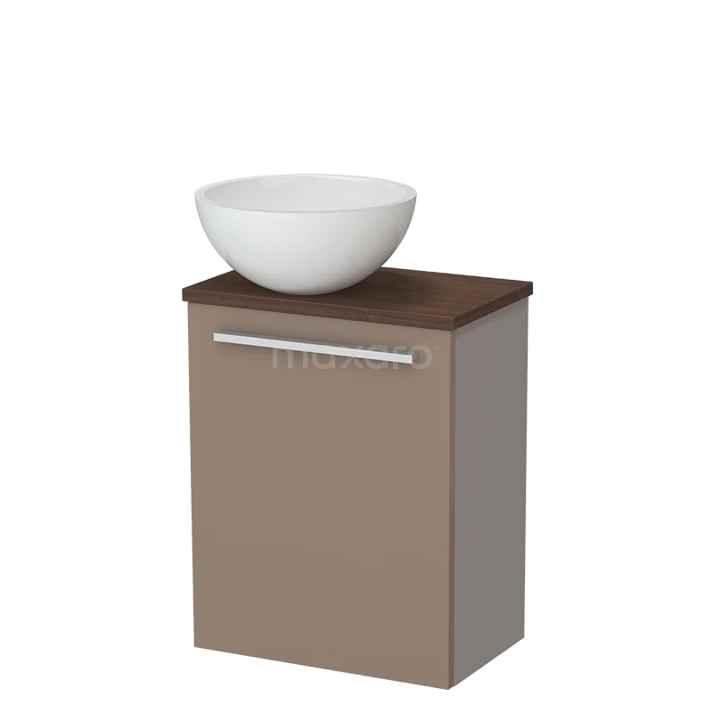 Toilet furniture with countertop wash basins TMK10-17308 Brown bathroom furniture with a white ceramic sink, compact design, matte finish and chrome handle.