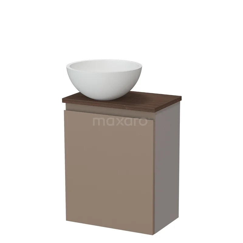 Toiletmeubel met waskom TMK10-17335 Hangend badkamermeubel met beige kast, houten blad en witte keramische waskom, compact ontwerp ideaal voor kleine badkamers.