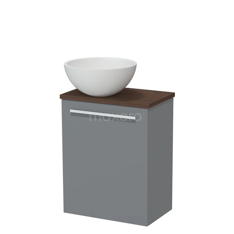 Toiletmeubel met waskom TMK10-17348 Grijze badkamermeubel met houten blad en witte waskom, modern design en strak afgewerkt.