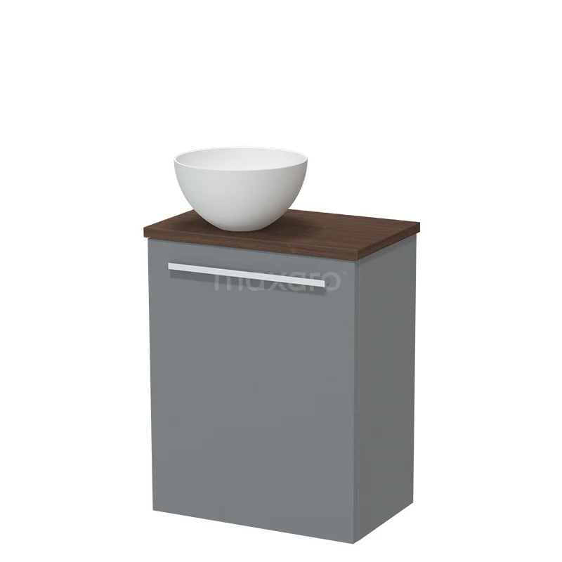 Toiletmeubel met waskom TMK10-17349 Grijze badkamerkast met houten blad en witte ronde waskom, compacte opbergoplossing voor een moderne badkamer.