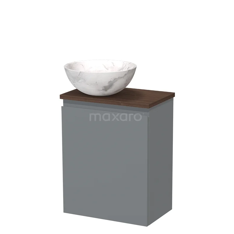 Toilet furniture with countertop wash basins TMK10-17363 Grijze badkamerkast met houten blad en witte marmeren waskom, compact en modern design voor een stijlvolle badkamer.