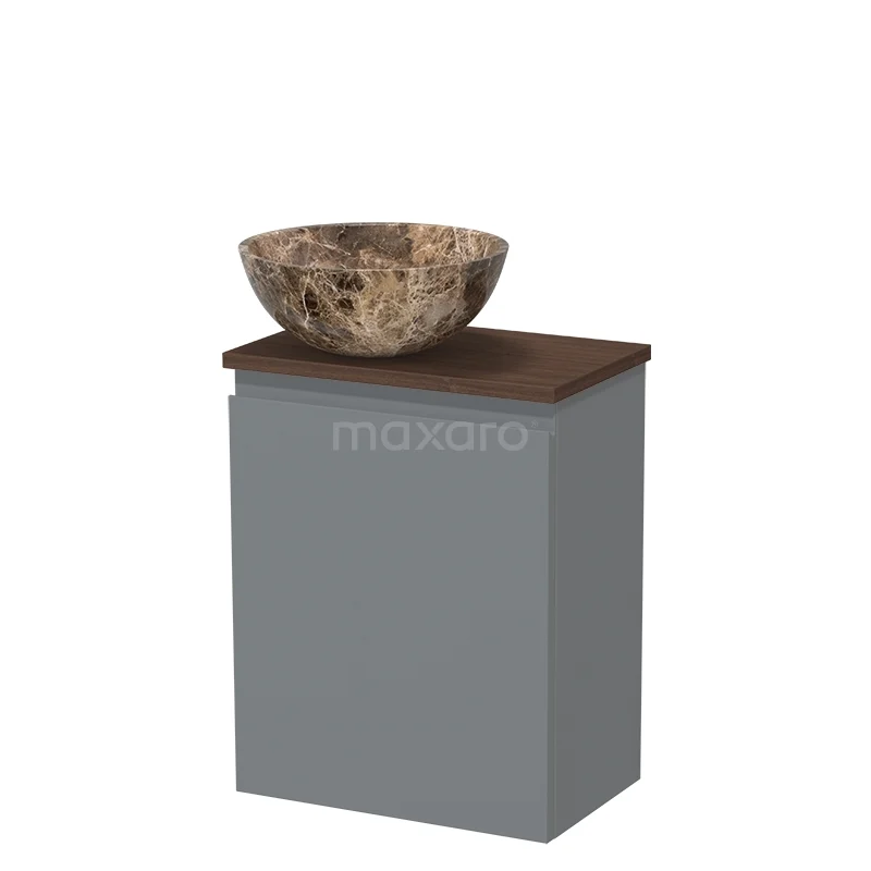Toilet furniture with countertop wash basins TMK10-17365 Grijze badkamerkast met houten bovenblad en natuurstenen waskom, ideaal voor een stijlvolle badkamerinrichting.