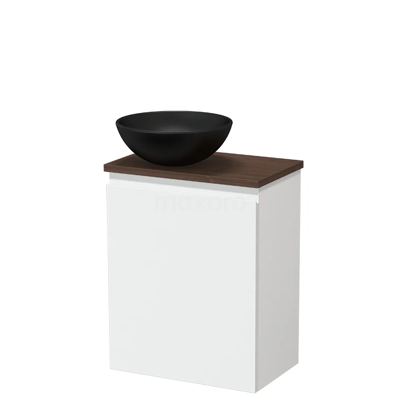 Toiletmeubel met waskom TMK10-17436 Wit badkamermeubel met houten blad en zwarte waskom, modern design, ideaal voor een stijlvolle badkamerinrichting.