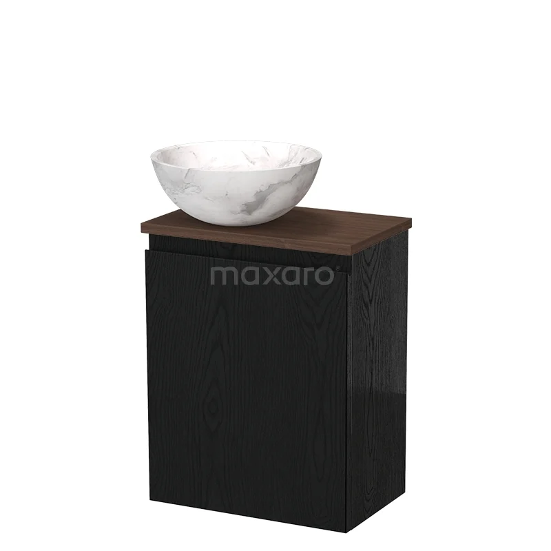 Zwart houten badkamermeubel met marmeren kom, ideaal voor een moderne badkamerstijl.