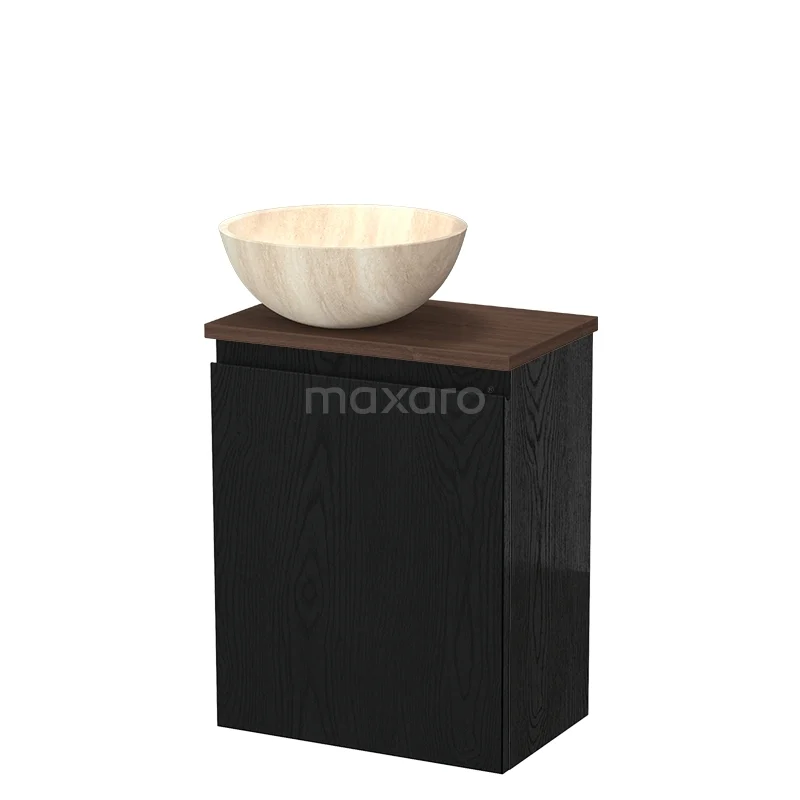 WC-Möbel mit Aufsatzwaschbecken TMK10-17572 Schwarzer Badschrank mit Holzlook Platte und cremefarbenem Aufsatzwaschbecken, modernes Design, geeignet für ein stilvolles Badezimmer.