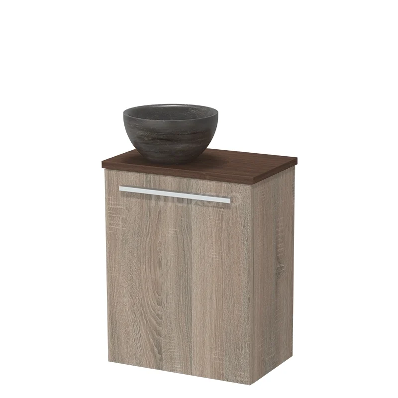 Toiletmeubel met waskom TMK10-17588 Badkamerkast houtlook met donkerbruin blad en grijze waskom, compact design ideaal voor stijlvolle badkameropslag.
