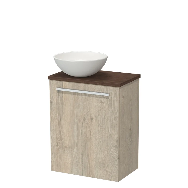 Houten badkamermeubel met natuurlijke eiken finish, ronde keramische waskom en compact design voor moderne badkamers.
