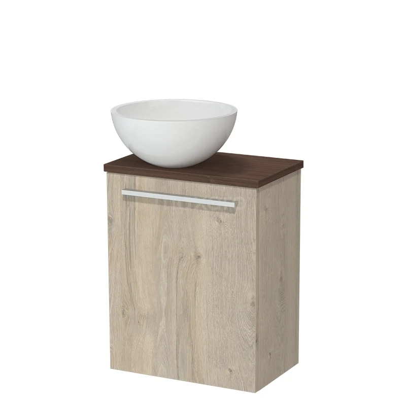 Badkamerkast houtlook met witte wastafel, modern design en compacte vorm voor stijlvol opbergen in kleine badkamers.