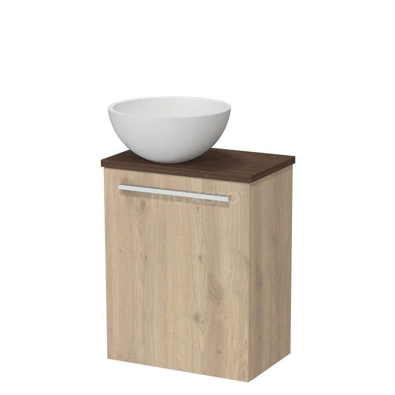 Toilet furniture with countertop wash basins TMK10-17660 Compact badkamermeubel met houten kast, donkerhouten blad en witte keramische wastafel, ideaal voor moderne badkamers.
