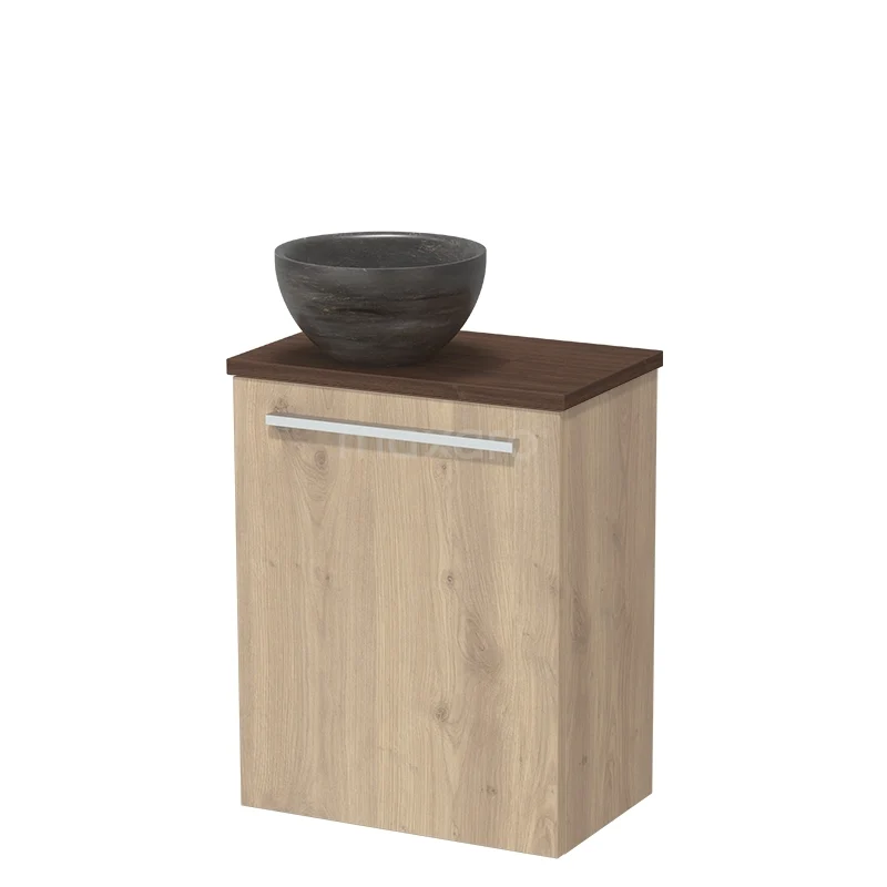 WC-Möbel mit Aufsatzwaschbecken TMK10-17666 Holz Badschrank mit dunklem Aufsatzwaschbecken, kompaktes Design, Eichenoptik und metallischem Haltegriff, ideal für moderne Bäder.