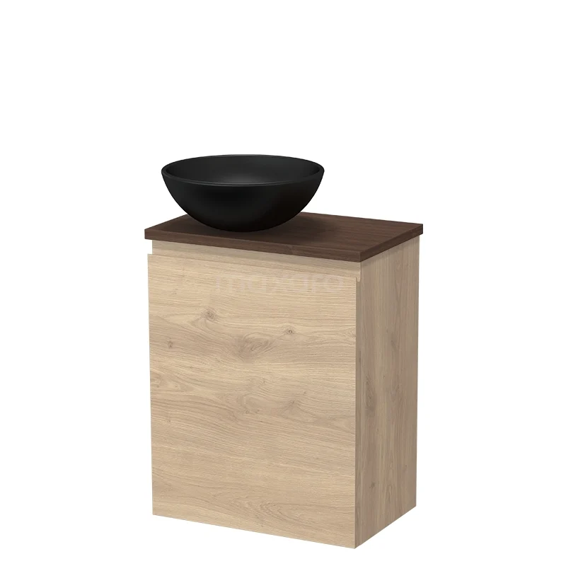 WC-Möbel mit Aufsatzwaschbecken TMK10-17670 Holz Badezimmermöbel mit Wandregal, dunkelbraune Platte und schwarzem Keramik Aufsatzwaschbecken, modernes und kompaktes Design.