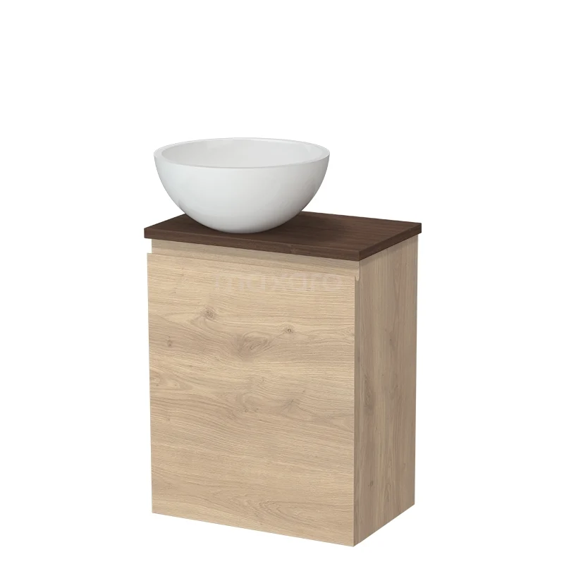 WC-Möbel mit Aufsatzwaschbecken TMK10-17672 Holz Badezimmermöbel mit weißem rundem Aufsatzwaschbecken, Eiche-Look Schrank und dunklem Holz Platte, kompaktes Design für moderne Bäder.