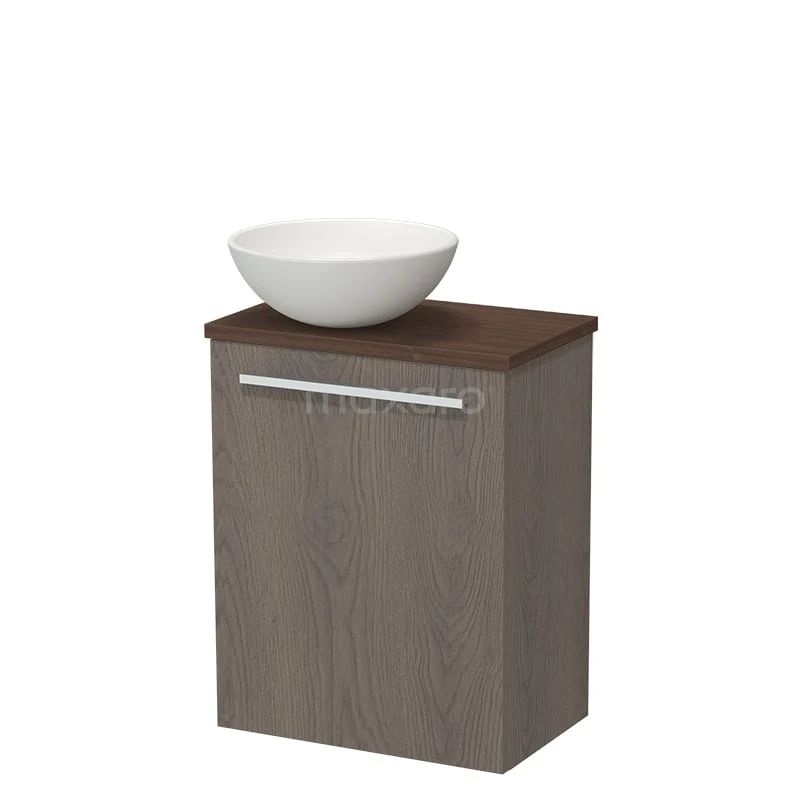 Toiletmeubel met waskom TMK10-17736 Compact houten badkamermeubel met kast, donkerbruin, modern ontwerp en witte waskom bovenop, ideaal voor kleine badkamers.