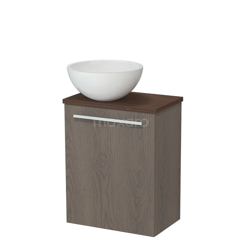 Toiletmeubel met waskom TMK10-17737 Wastafelonderkast houtlook met witte komvormige wasbak, modern badkamermeubel met lade en strak design.