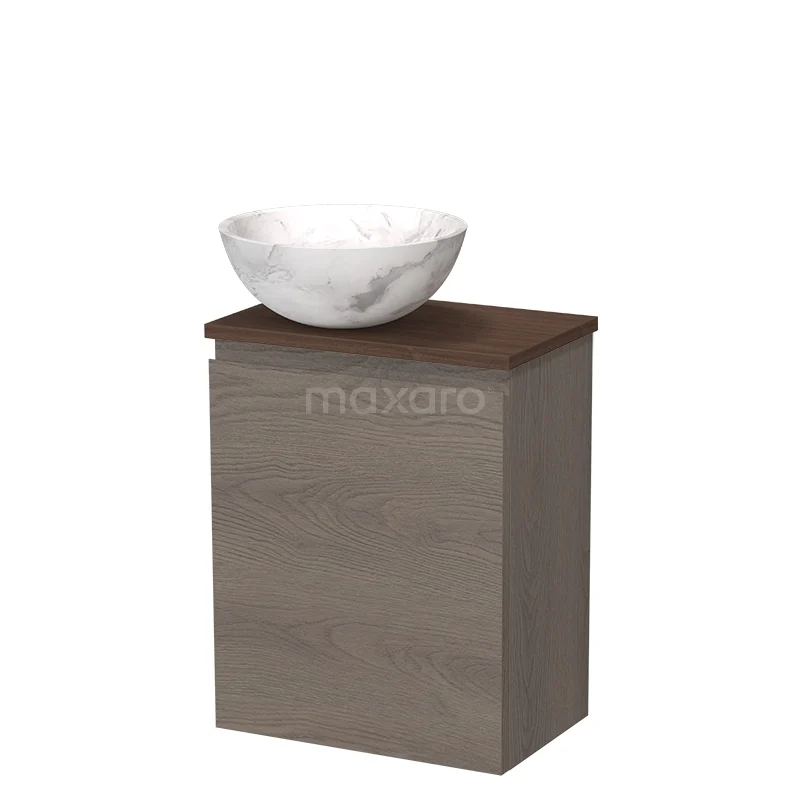 Toilet furniture with countertop wash basins TMK10-17766 Houten badkamerkast met donker eiken afwerking en een witte marmeren waskom, modern design voor stijlvolle badkamers.
