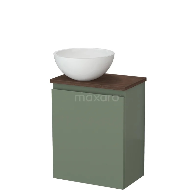 Toiletmeubel met waskom TMK10-17516 Olijfgroen badkamermeubel met houten blad en witte waskom, compact design ideaal voor moderne badkamerinrichting.