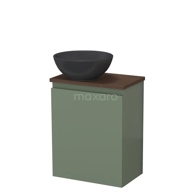 Modulo Pico Toiletmeubel met waskom | 41 cm Saliegroen Greeploos front Quartz waskom TMK10-17524 Olijfgroen badkamermeubel met houten blad en matzwarte waskom, compact design voor moderne badkamers.