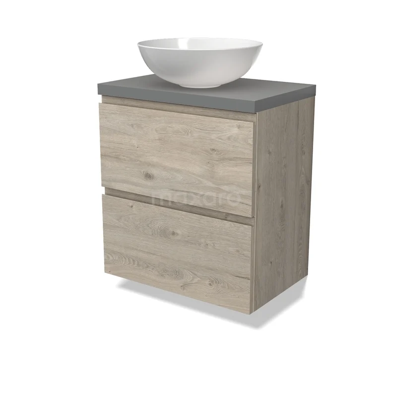 Modulo Plato Waschtischunterschrank mit Konsole BMK37-03005 Holz-Badmöbel mit Schublade, Betonlook Platte und keramischem Aufsatzwaschbecken, kompaktes Design für moderne Bäder.