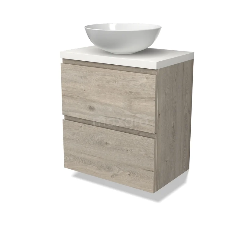 Modulo Plato Waschtischunterschrank mit Konsole BMK37-03007 Holz Badezimmermöbel mit zwei Schubladen, weißem keramischen Aufsatzwaschbecken, kompaktem Design, ideal für eine stilvolle Badezimmergestaltung.