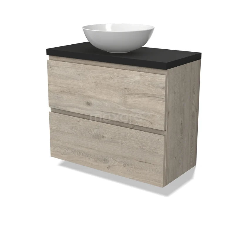 Modulo Plato Waschtischunterschrank mit Konsole BMK37-03018 Hölzernes Badezimmermöbel mit zwei Schubladen, schwarzer Arbeitsplatte und weißem Aufsatzbecken, ideal für eine moderne Badezimmergestaltung.