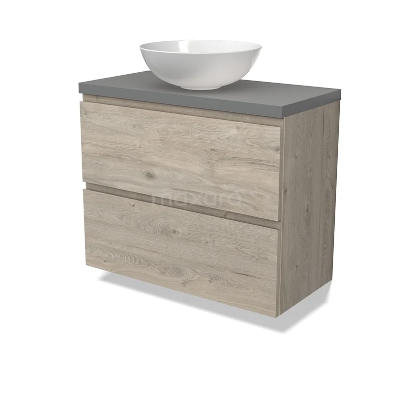 Houten badkamermeubel met twee lades, grijs blad en witte komvormige wasbak, ideaal voor moderne badkamers.
