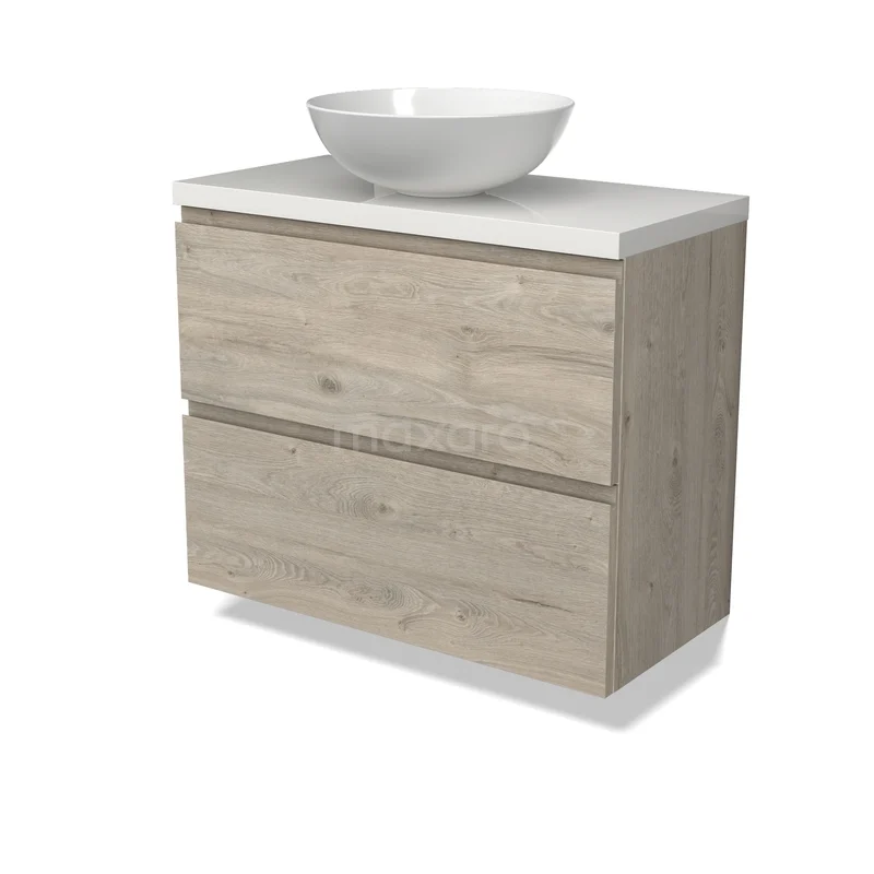 Houten badkamermeubel met twee lades, wit opzetwaskom van keramiek, modern design, ideaal voor een stijlvolle badkamerinrichting.