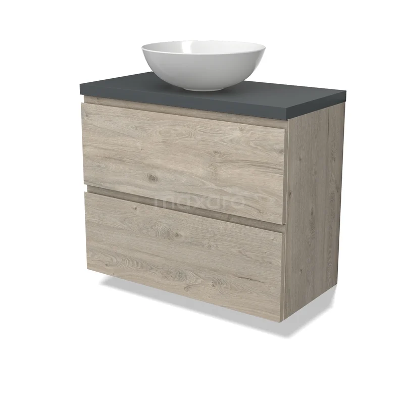 Modulo Plato Waschtischunterschrank mit Konsole BMK37-03022 Hölzernes Badezimmermöbel mit grauer Platte und weißem Aufsatzwaschbecken, modernes Design und zwei Schubladen für praktischen Stauraum.