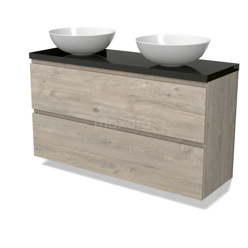 Modulo Plato Vanity units for countertop basin | 120 cm Light grey oak Handle-less front High-gloss black worktop 2 Stacked drawers BMK37-03053 Houten badkamermeubel met zwart blad, twee witte waskommen, ladefronten met houtlook, ideaal voor moderne badkamers.
