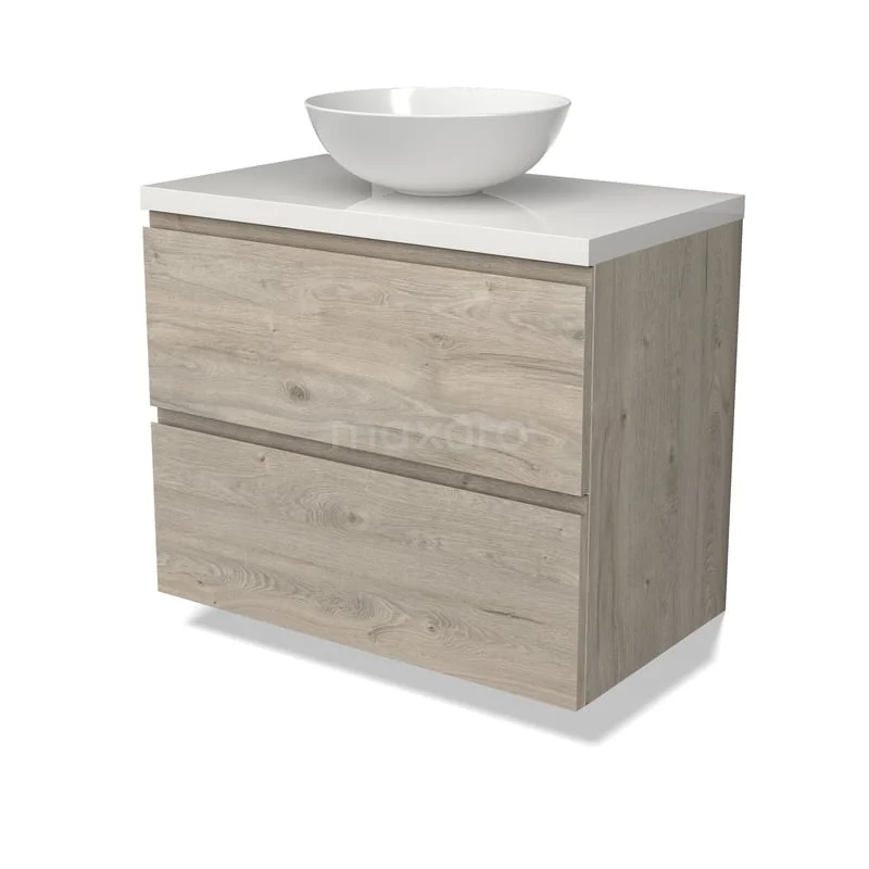 Modulo Plato Badkamermeubel voor waskom | 80 cm Lichtgrijs eiken Greeploos front Hoogglans wit blad 2 lades onder elkaar BMK17-03229 Houten badkamermeubel met twee lades, witte wastafel en modern design, ideaal voor stijlvolle badkamerinrichting.