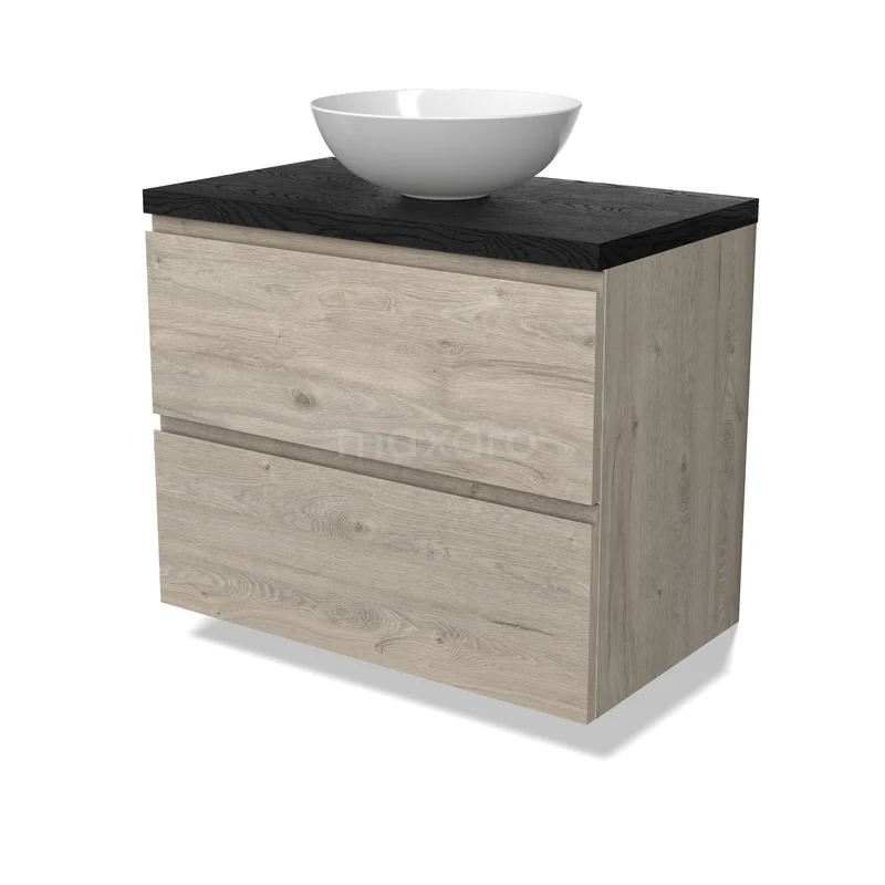 Houten badkamermeubel met keramische wastafel, matzwart blad en twee lades, modern design voor praktische badkameropslag.