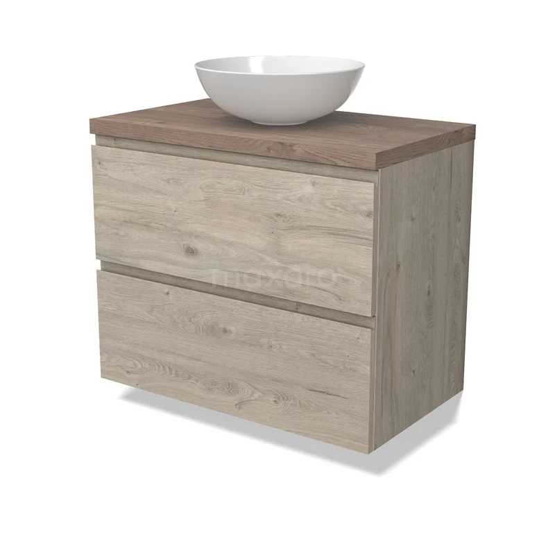 Modulo Plato Badkamermeubel voor waskom | 80 cm Lichtgrijs eiken Greeploos front Middenbruin eiken blad 2 lades onder elkaar BMK17-03238 Badkamermeubel houtlook met waskom, 2 lades, modern design, natuurkleur fineer, ideaal voor stijlvolle badkamerinrichting.