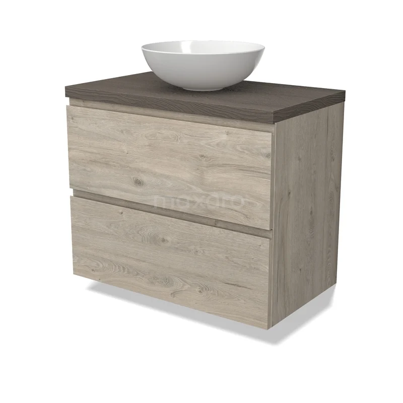 Waschbeckenmöbel Modulo BMK17-03239 Holz Badezimmermöbel mit zwei Schubladen, Grau Platte und weißen Waschbecken; modernes Design für stilvollen Badezimmerraum.