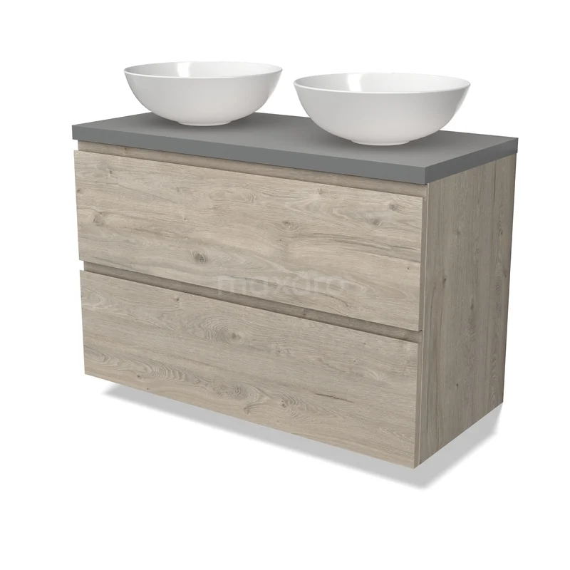 Modulo Plato Badkamermeubel voor waskom | 100 cm Lichtgrijs eiken Greeploos front Middengrijs blad 2 lades onder elkaar BMK17-03245 Houten badkamermeubel met twee witte waskommen, grijs werkblad en twee lades, ideaal voor moderne badkamerinrichting.