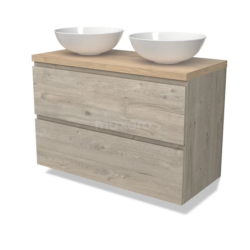 Modulo Plato Badkamermeubel voor waskom | 100 cm Lichtgrijs eiken Greeploos front Lichtbruin eiken blad 2 lades onder elkaar BMK17-03254 Houten badkamermeubel met twee lades en dubbele witte waskommen, Scandinavisch ontwerp.