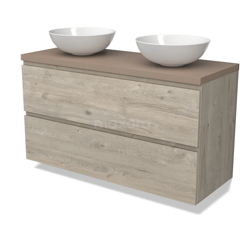 Modulo Plato Badkamermeubel voor waskom | 120 cm Lichtgrijs eiken Greeploos front Taupe blad 2 lades onder elkaar BMK17-03261 Houten badkamermeubel met natuurlook, twee lades en dubbele witte waskommen. Perfect voor een stijlvolle badkamerinrichting.