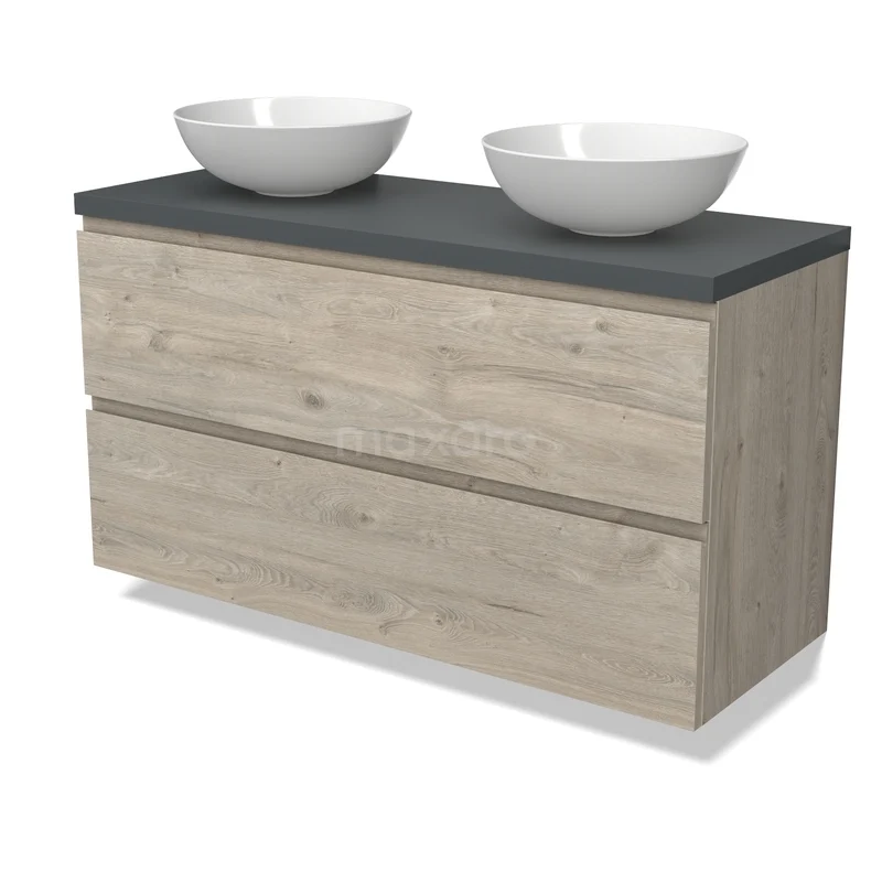 Modulo Plato Vanity units for countertop basin | 120 cm Light grey oak Handle-less front Dark grey worktop 2 Stacked drawers BMK17-03265 Houten badkamermeubel met twee witte waskommen, grijze blad en moderne afwerking, ideaal voor een stijlvolle badkamer inrichting.