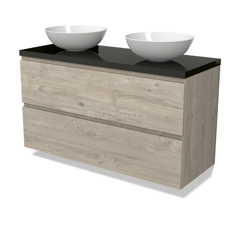 Modulo Plato Vanity units for countertop basin | 120 cm Light grey oak Handle-less front High-gloss black worktop 2 Stacked drawers BMK17-03266 Houten badkamermeubel met twee witte opzetwastafels en zwart blad, modern design, ideaal voor stijlvolle badkamers.