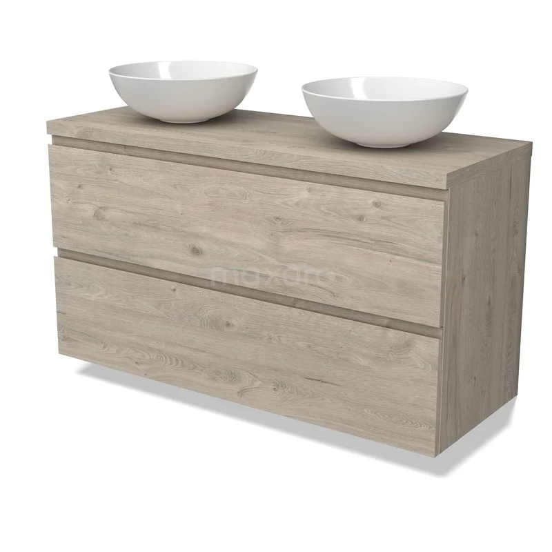 Modulo Plato Vanity units for countertop basin | 120 cm Light grey oak Handle-less front Light grey oak worktop 2 Stacked drawers BMK17-03270 Houten badkamermeubel met twee witte opzetwaskommen, modern design in lichte eikenhout-look, ideaal voor stijlvolle badkamers.