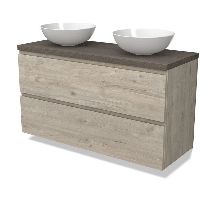 Houten badmeubel met twee lades, donker houten blad en twee witte waskommen, perfect voor een stijlvolle badkamer.