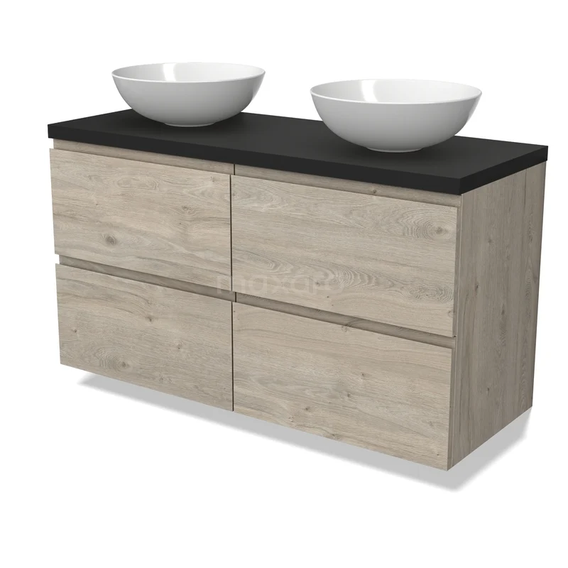 Modulo Plato Badkamermeubel voor waskom | 120 cm Lichtgrijs eiken Greeploos front Mat zwart blad 4 lades BMK18-02269 Houten badkamermeubel met dubbele waskom, licht eiken kleur, matzwart blad, strak modern design.