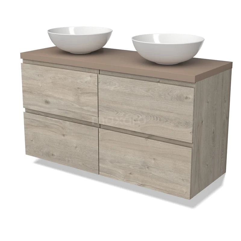 Modulo Plato Badkamermeubel voor waskom | 120 cm Lichtgrijs eiken Greeploos front Taupe blad 4 lades BMK18-02270 Houten badkamermeubel met vier lades, dubbele witte wastafels en modern design, ideaal voor stijlvolle badkamerinrichting.