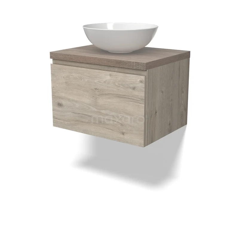 Waschbeckenmöbel Modulo BMK11-02967 Hängendes Badezimmermöbel in Holzoptik mit weißem runden Aufsatzwaschbecken, modernes Design, ideal für ein stilvolles Badezimmer.