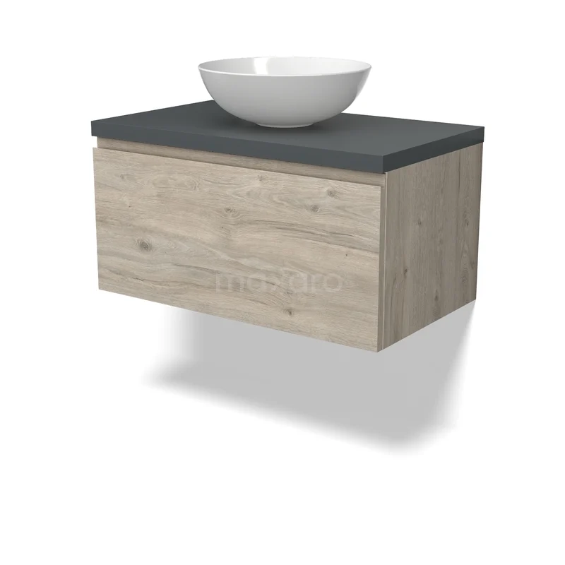 Houten badkamermeubel met natuursteenblad en witte waskom, strak design voor moderne badkamers.